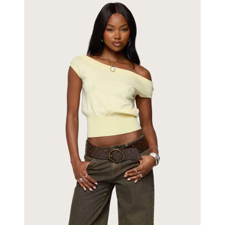 Edikted Michaela off shoulder knit top in yellow | ASOS