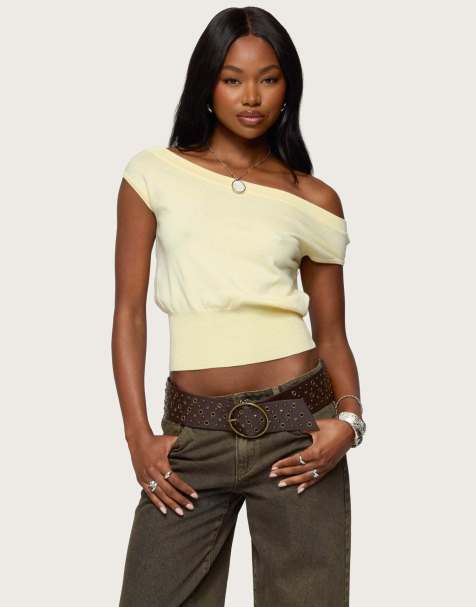 Edikted Michaela off shoulder knit top in yellow