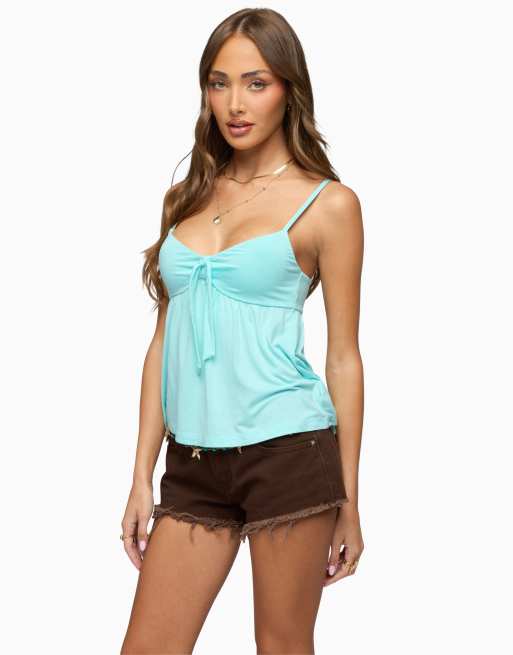 Edikted michey tie front babydoll tank top in aqua, 3 of 5
