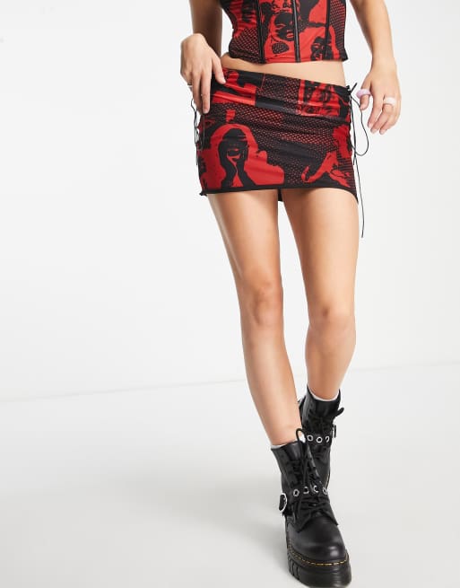Edikted - Micro mini rok met veters aan de zijkanten en rode grunge print, deel van co-ord set, 4 van 4