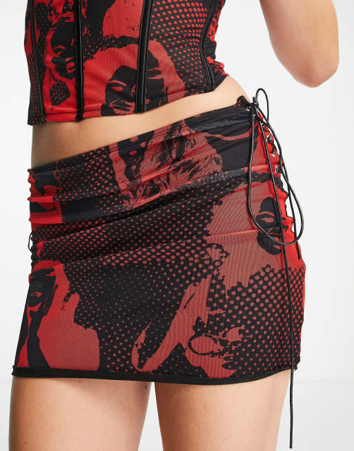 Edikted micro mini skirt with lace up sides in grunge red print co