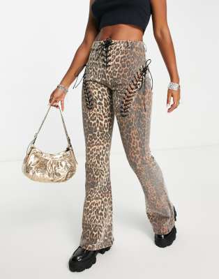 Edikted mid rise flare jeans with lace detail in grunge leopard