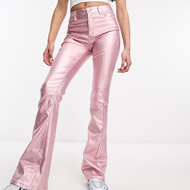 Edikted mid rise flare pants in metallic pink | ASOS Edikted mid rise flare pants in metallic pink | ASOS