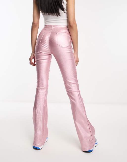 Edikted mid rise flare trousers in metallic pink