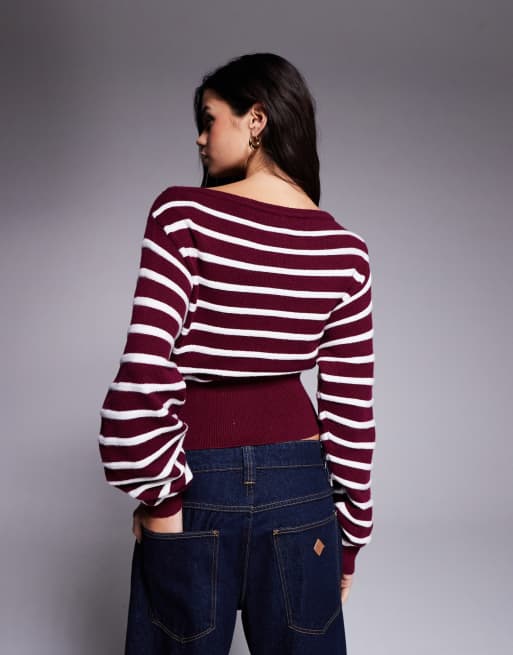 Edikted Mika off shoulder oversized striped sweater in burgundy, 3 of 4