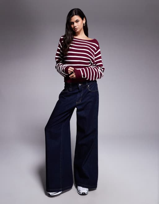 Edikted Mika off shoulder oversized striped sweater in burgundy, 4 of 4