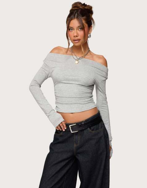 Edikted Milane ruched off shoulder ribbed top in gray melange