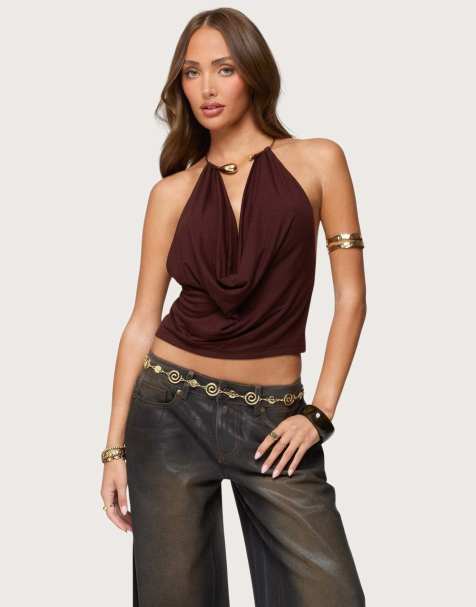 Edikted Mileva cuff deep cowl neck top in brown - view 1