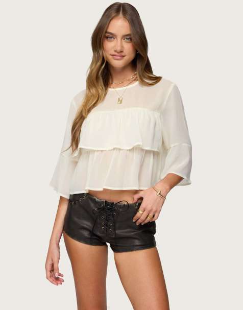 Edikted Missey ruffled chiffon top in cream - view 1