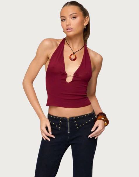 Edikted Missie knitted plunge neck halter top in burgundy - view 1