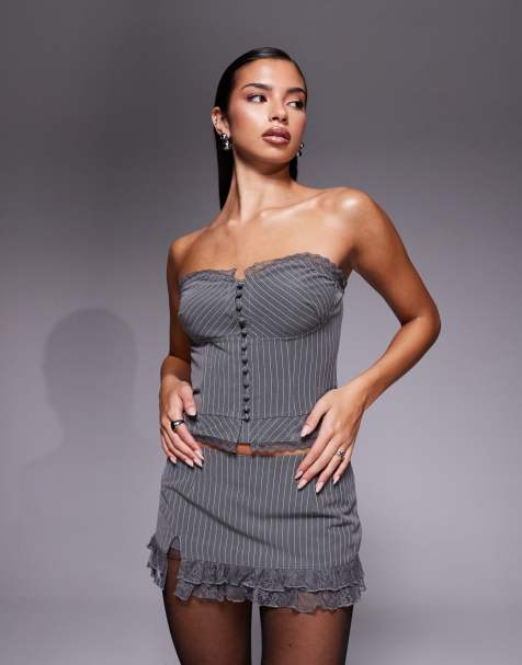 Edikted Mona lacey co-ord pinstripe strapless corset top in grey - view 1