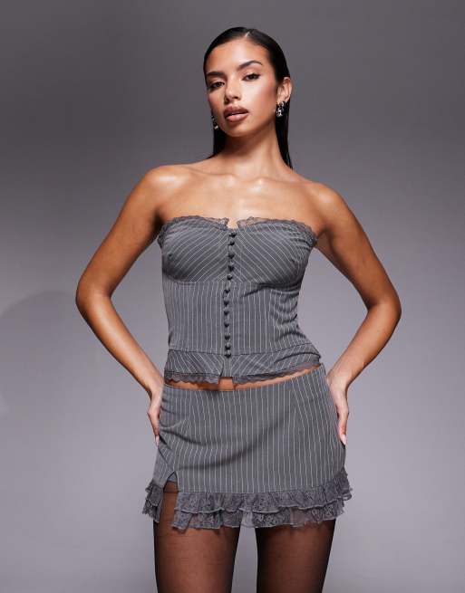 Edikted Mona lacey slit pinstripe mini skort in dark grey (part of a set), 2 of 5