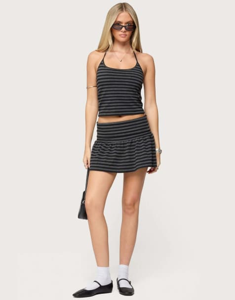Edikted Moria striped fold over mini skirt in black and gray