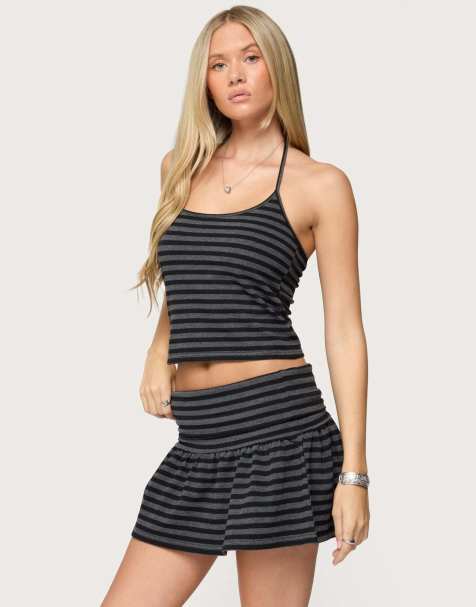 Edikted Moria striped halter top in black and gray - view 1