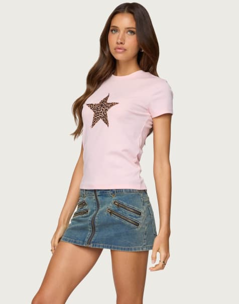 Edikted Narla leopard star t shirt in light pink