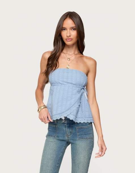 Edikted Narnie striped strapless wrap top in light blue