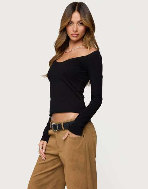 Edikted Nattie off shoulder v neck top in black - view 1