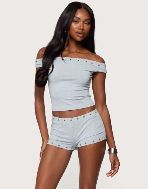 Edikted Neriah grommet off shoulder top in gray melange