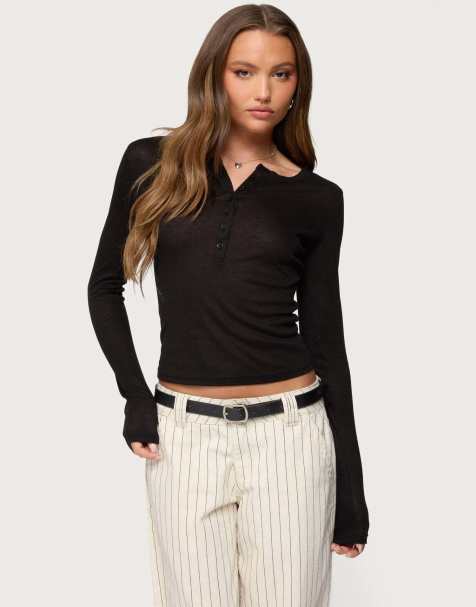 Edikted Nettie ribbed henley top in black