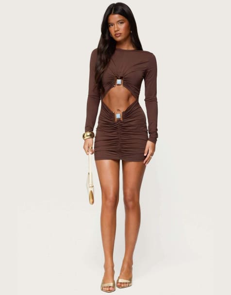 Edikted Nia cutout pendant mini dress in brown - view 1