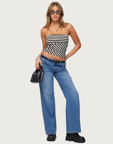 Edikted Nikoletta straight leg low rise jeans in blue washed - view 1
