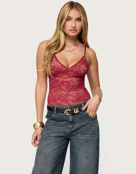 Edikted Nolyn sheer lace v neck bodysuit in burgundy - view 1