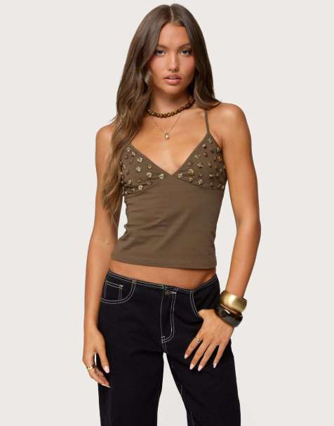 Edikted Nora buttons v neck tank top in brown - view 1