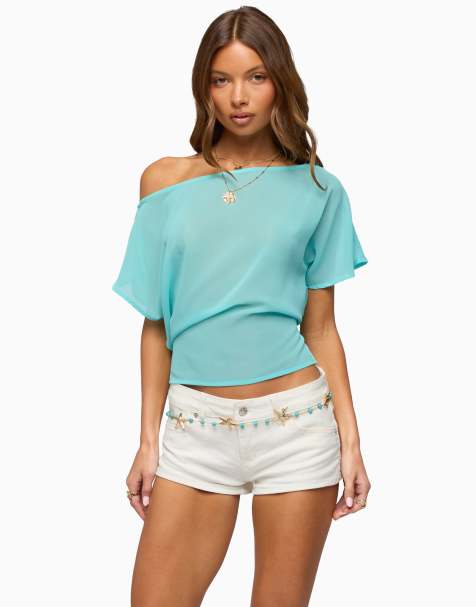 Edikted noria sheer chiffon off shoulder top in turquoise - view 1