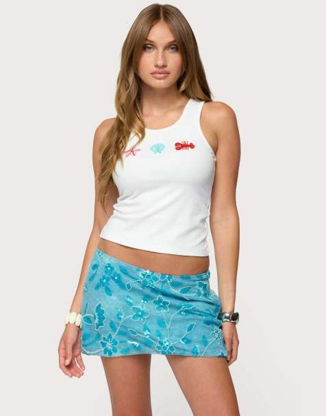 Edikted Ocean club bead ribbed tank top in white