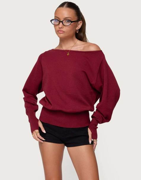 Edikted Off shoulder oversized sweater in burgundy - view 1
