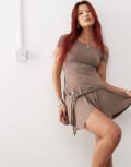 [Edikted] Edikted off shoulder slinky asymmetric flippy mini dress with belt detail in brown L BROWN
