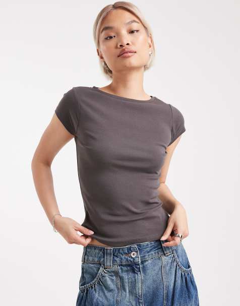 Edikted Oliana ribbed boat neck t shirt in dark gray - view 1