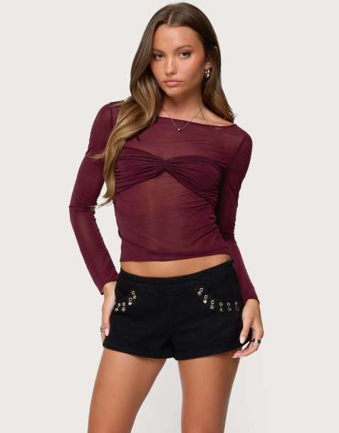 Edikted Oona sheer gathered long sleeve top in burgundy