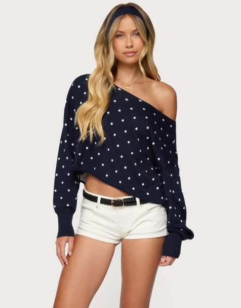 Edikted Oversized off shoulder polka dot sweater in navy - view 1