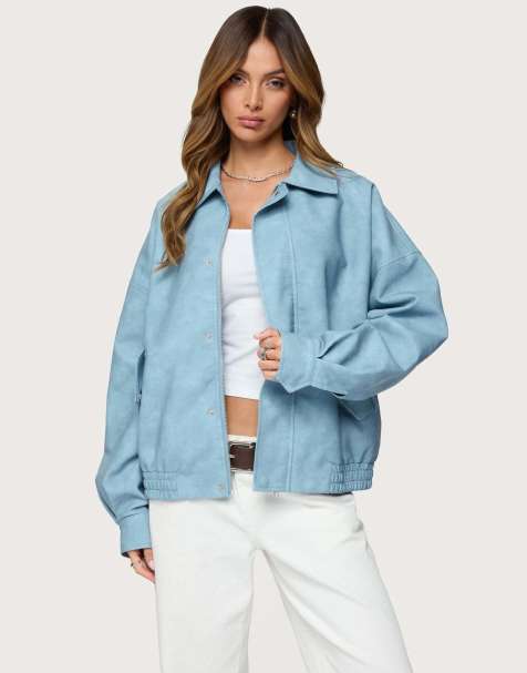 Edikted Oversized washed faux leather jacket in light blue washed