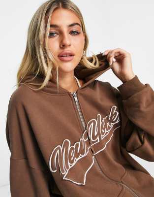 Collusion Oversized Zip Through Hoodie With Embroidery in Brown