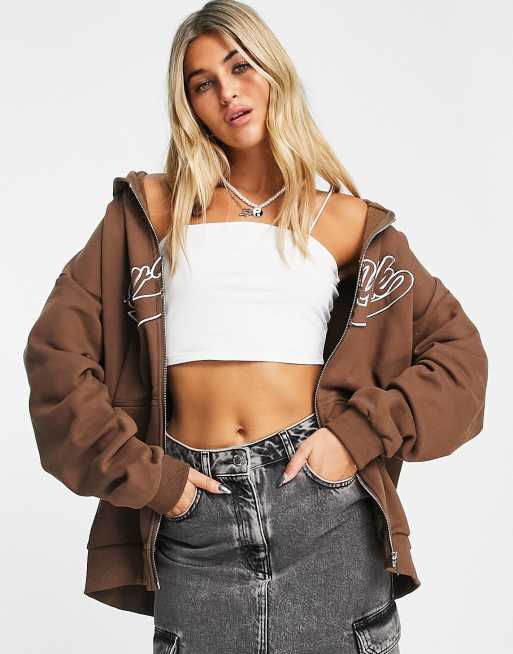 Edikted oversized zip hoodie in washed brown with varsity
