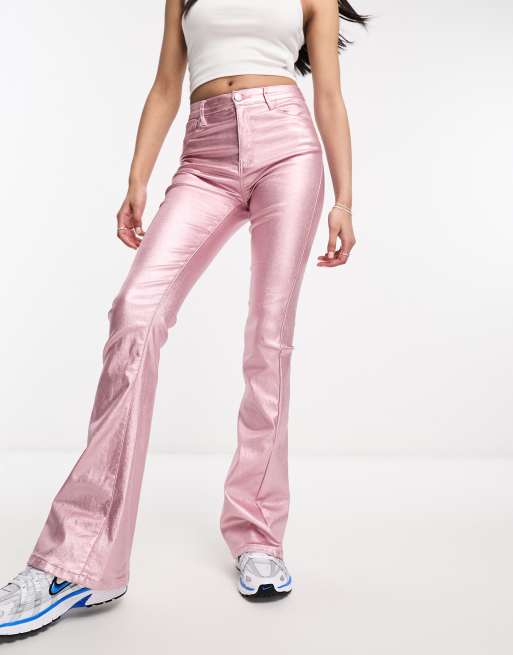 Edikted - Pantaloni a zampa rosa metallizzato a vita medio alta