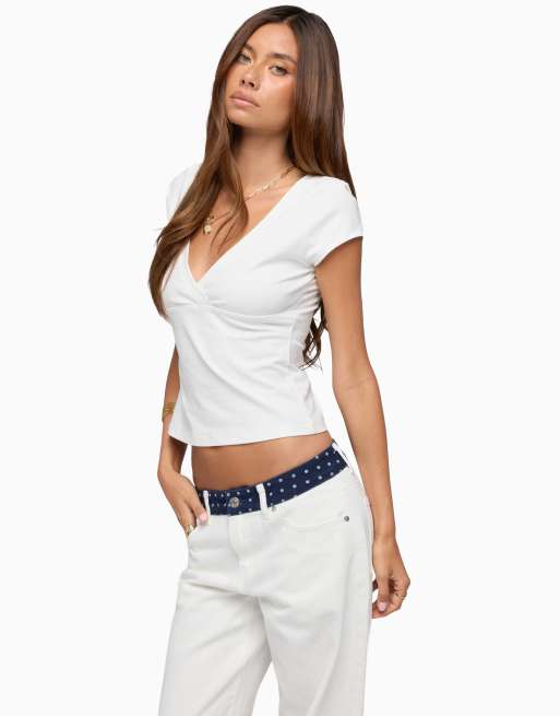 Edikted penelopy overlap v neck t shirt in cream, 3 of 5