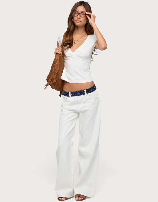 Edikted penelopy overlap v neck t shirt in white, 5 of 5