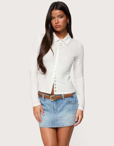 Edikted Pennie iridescent button up shirt in cream - view 1