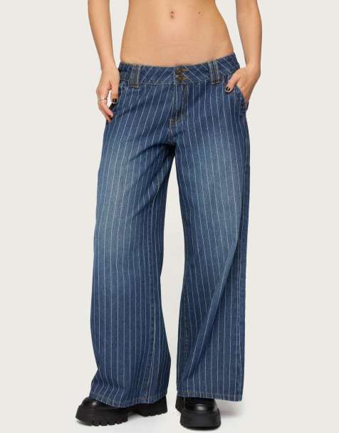 Edikted Petite cory striped low rise jeans in blue - view 1