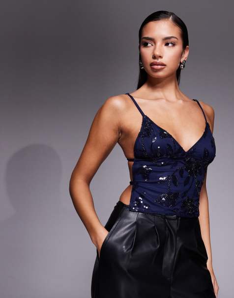 Edikted Pia equin floral backless top in navy