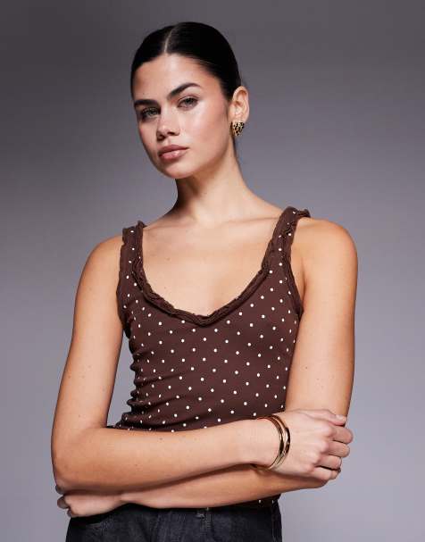 Edikted Pippen ruffle polka dot tank top in brown - view 1