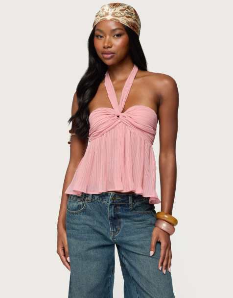 Edikted Pleated chiffon babydoll halter top in pink - view 1
