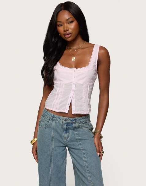 Edikted Polka dot cotton button up top in light pink - view 1