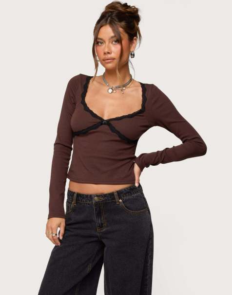 Edikted Porta contrast lacey top in brown - view 1