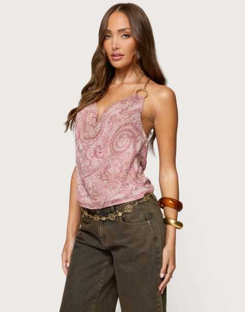 Edikted Printed halter chain cowl neck top in pink