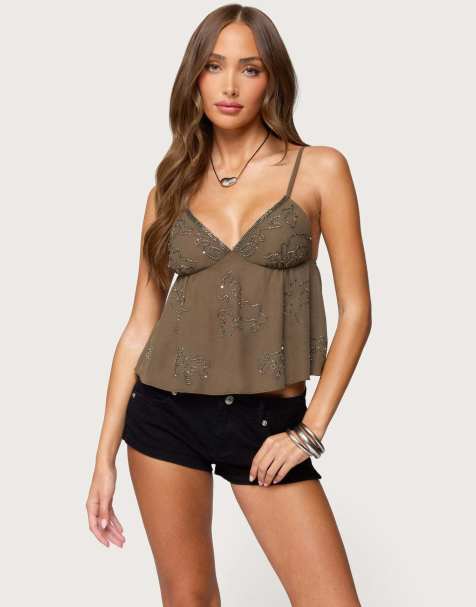 Edikted Raia beaded babydoll top in olive - view 1