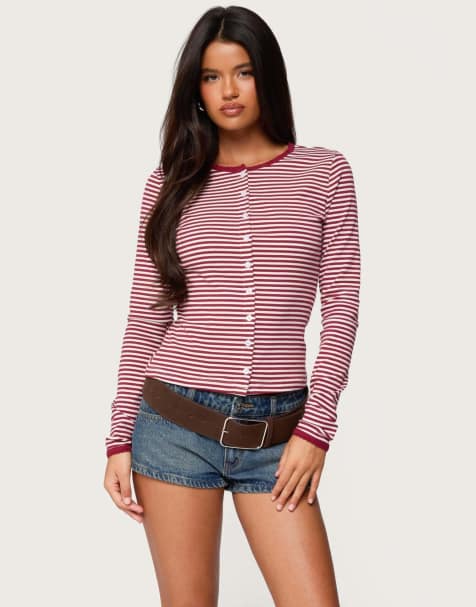 Edikted Rayla striped button up top in red - view 1